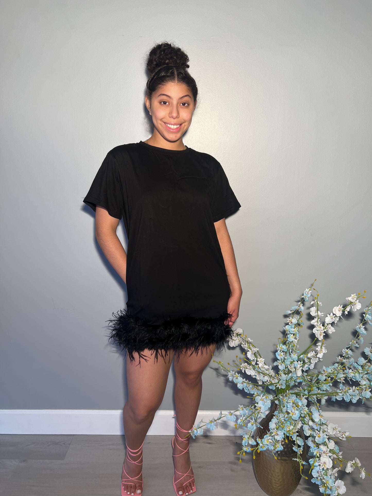Fly Away Feather Mini Dress (Black)